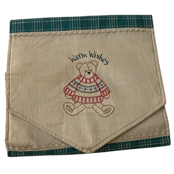 Vintage table runner for side table that reads “Warm Wishes” w teddy bear design - Picture 6 of 16